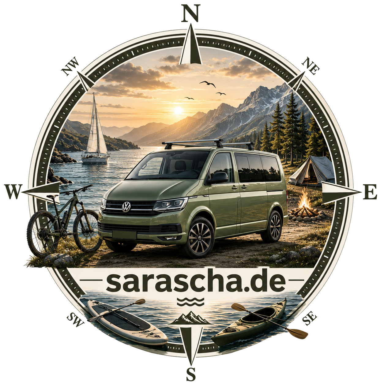 sarascha.de Reise-Logo mit grünem Van, Fahrrad, Camping, Bergen und Wassersport in einer Kompassrose
